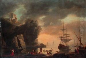 A Mediterranean Inlet With A
Man-o'-war Lowering Its Sails Andfishermen Pulling In Their Nets In The
Foreground by Claude-joseph Vernet