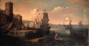 A Mediterranean Harbour With 
Merchants On A Quay With Anglers On Anoutcrop, Shipping Moored Beyond