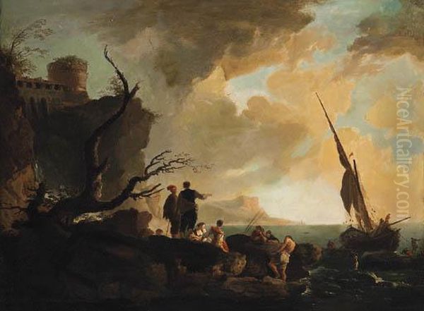 A Mediterranean Coastline With Fisherfolk On The Shore, A Hilltopfortress Beyond - view 1