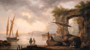 A Rocky Coastline With Figures On The Shoreline