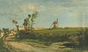A Windmill In A Meadow, A Sunlit Town Beyond