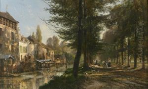 Maisons Au Bord D'une Riviere (montargis ?) by Alexandre Rene Veron