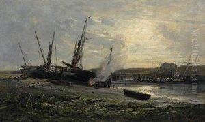 Docking Ships On The Norman Coast. Signed And Dated Bottom Right: 1873 Ar Veron by Alexandre Rene Veron