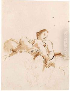 A seated female figure holding a globe, seen from below
