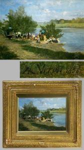 "wascherinnen Am Flus"
 Impressionistische Genreszene In Romantischer Sommerlandschaft