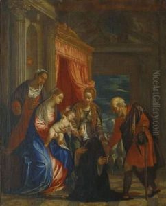 La Sainte Famille Avec Sainte Elisabeth, La Madeleine Et Une Benedictine agenouillee. by Paolo Veronese (Caliari)