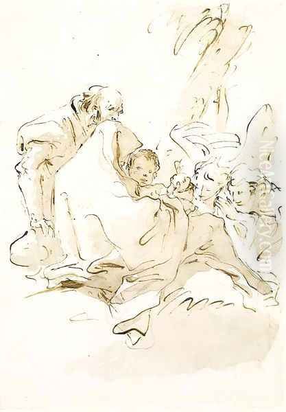 The Holy Family resting with two angels kneeling and offering food - view 1