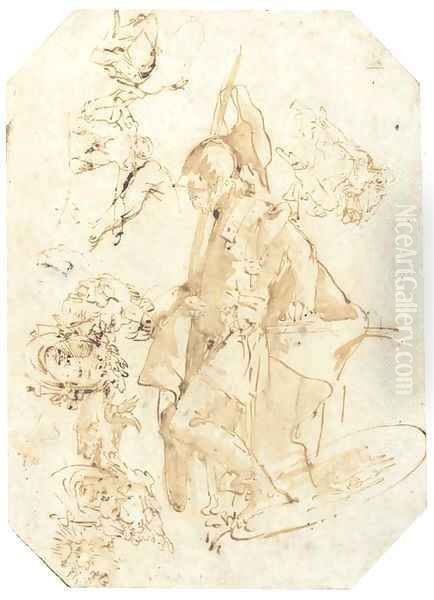 A standing soldier, with studies of heads and figures seen di sotto in su - view 1