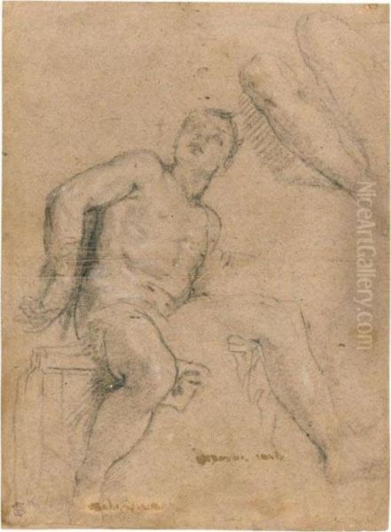 A Seated Nude Young Man, Looking
Upwards And Seen From Below, And A Detail Of The Legs Of Another Figure - view 1