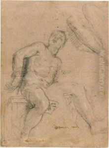 A Seated Nude Young Man, Looking
Upwards And Seen From Below, And A Detail Of The Legs Of Another Figure by Paolo Veronese (Caliari)