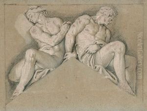 Two Ornamental Nude Figures Seated On A Pediment by Paolo Veronese (Caliari)