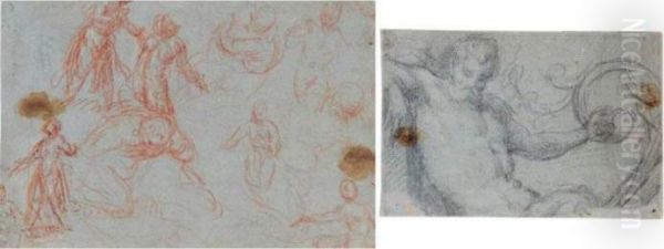 A Sheet Of Studies Of Several
Figures, Including A Couple Embracing, Two Female Nudes, A Kneeling
Angel And A Standing Figure With Arms Spread - view 1