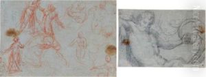 A Sheet Of Studies Of Several
Figures, Including A Couple Embracing, Two Female Nudes, A Kneeling
Angel And A Standing Figure With Arms Spread by Paolo Veronese (Caliari)