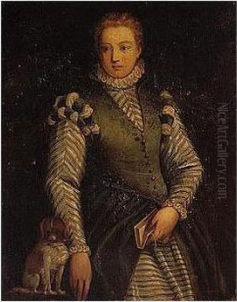 Portrait Of A Lady, Wearing A Green Dress, Holding A Book, Together With Her Pet Dog - view 1
