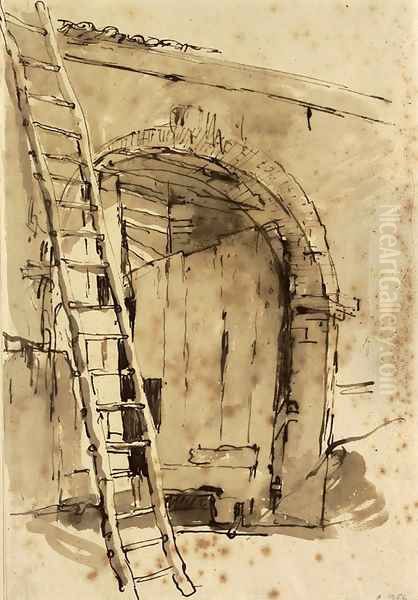 The entrance to a large barn, a ladder leaning against the wall to the left - view 1
