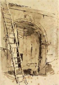 The entrance to a large barn, a ladder leaning against the wall to the left