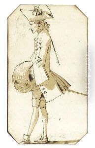Caricature of a cavalier in profile to the left holding a muff