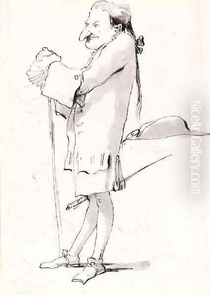 Caricature of a standing cavalier leaning on a staff - view 1