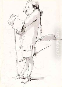 Caricature of a standing cavalier leaning on a staff