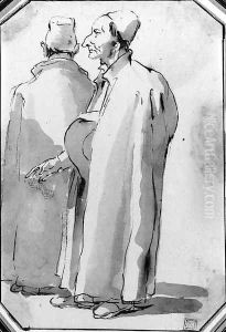 Two priests, one in profile to the left and another seen from behind