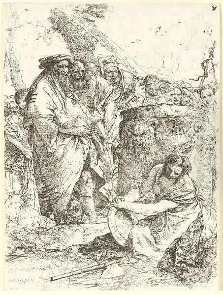 Woman kneeling in front of Magicians and other Figures, from Scherzi - view 1