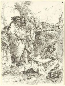 Woman kneeling in front of Magicians and other Figures, from Scherzi