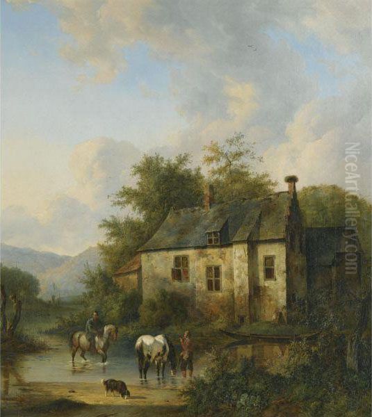 Horses Watering By A Country House - view 1