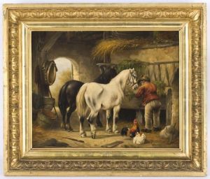A Figure Tending To Horses In A Stable by Wouterus Verschuur