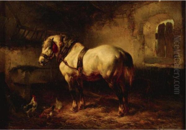 A Horse And Chickens In A Stable - view 1