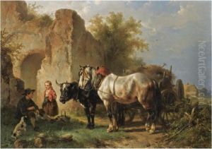 Hay-time, Resting Figures Near An Ox And Horse by Wouterus Verschuur
