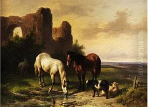 Zwei Pferde An Einer Wasserpfutze Vor Ruinen In Weiter Landschaft by Wouterus Verschuur