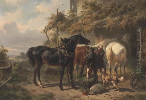 Horses Outside A Stable - view 1
