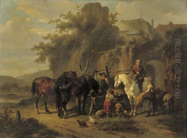 Feeding The Horses By An Old Town Wall - view 1