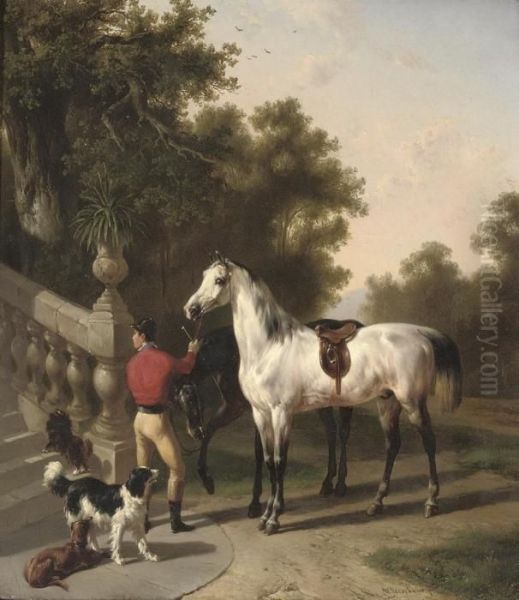 A Jockey Holding Racehorses - view 1