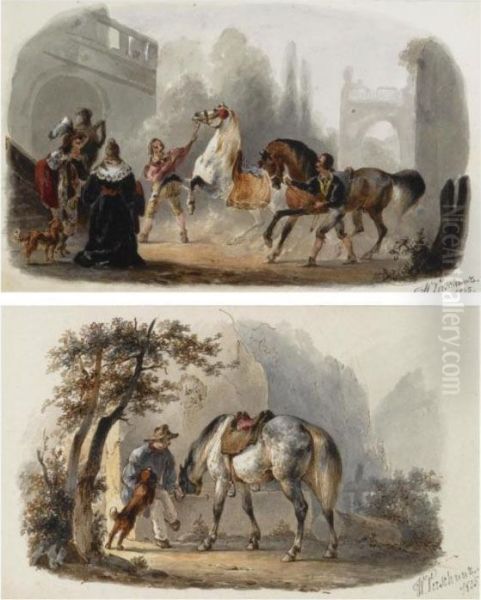 Four Watercolours Depicting Figures With Their Animals - view 1