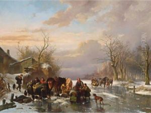 Frozen Waterway With Horses And Figures On The Ice by Wouterus Verschuur