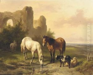 Horses By A Ruin In An Extensive Landscape by Wouterus Verschuur