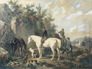 Taking A Break: Horses Watering After A Hunt by Wouterus Verschuur