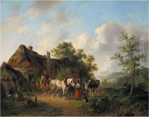 Horses And Cows In Front Of A Cottage by Wouterus Verschuur