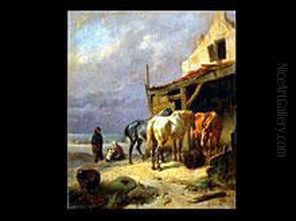 Drei Pferde Und Fischerfamilie Vor Dem Stall - view 1