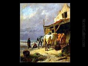 Drei Pferde Und Fischerfamilie Vor Dem Stall by Wouterus Verschuur