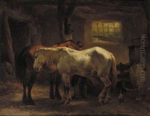 Horses At Rest In A Stable by Wouterus Verschuur
