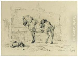 A Saddled Horse By A Stable, A Dog Nearby
