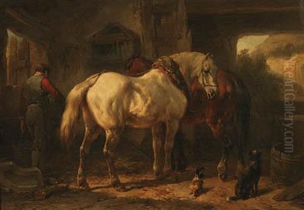 A Stable Interior With A Groom And Horses - view 1