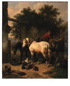 A Grey And A Black Horse With Stable Boys by Wouterus Verschuur