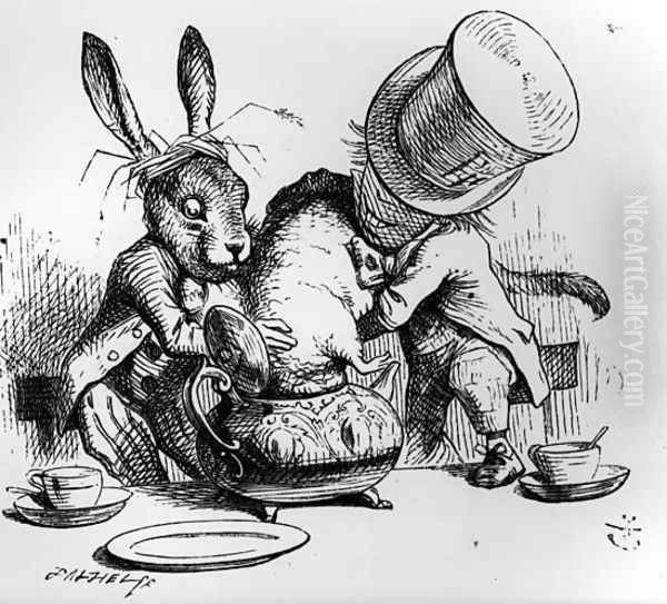The Mad Hatter and the March Hare putting the Dormouse in the Teapot, illustration from Alices Adventures in Wonderland, by Lewis Carroll, 1865 - view 1