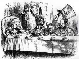 The Mad Hatters Tea Party, illustration from Alices Adventures in Wonderland, by Lewis Carroll, 1865 by John Tenniel