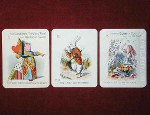Three Happy Family cards depicting characters from Alice in Wonderland by Lewis Carroll 1832-98 adapted by Emily Gertrude Thomson d.1932 early 20th century by John Tenniel