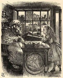 Alice and the Knitting Sheep, illustration from Through the Looking Glass by Lewis Carroll 1832-98 first published 1871 by John Tenniel