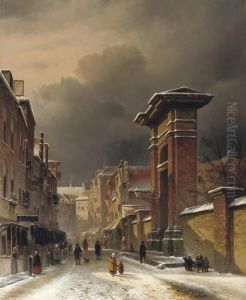 A Busy Day In A Dutch Town In Winter by Pieter Gerard Vertin